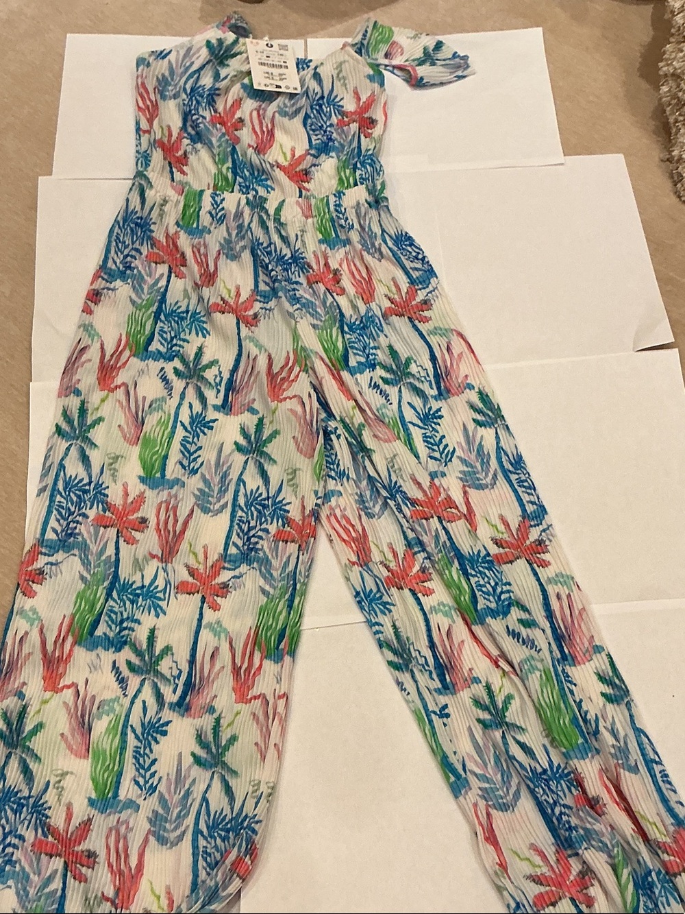Zara Girls Tropical Print Jumpsuit - White with Blue, Green & Red